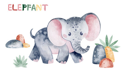 Watercolor illustration Baby elephant. Children's illustration of an African animal. Book drawing.