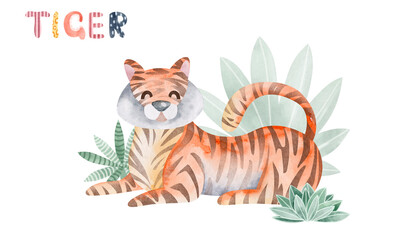 Watercolor illustration tiger. Children's illustration of an African animal. Book drawing.