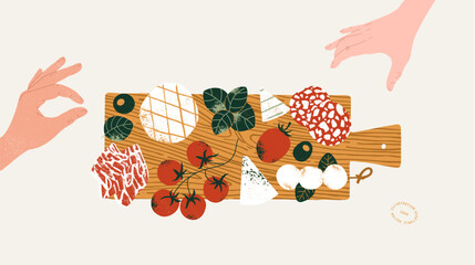 Two hands picking food from Charcuterie board. Assortment of wine appetizers. Vector illustration
