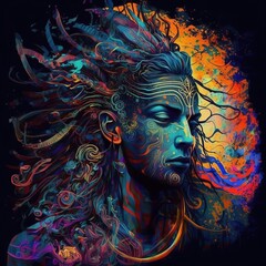 Psychedelic illustration of Hindu religious god ‘Shiva’. Created using Generative AI