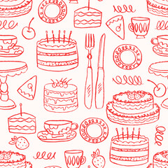 Doodle style bakery seamless pattern. Layer cake with fork and cup.