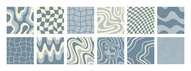 Big set of monochrome square backgrounds in style retro 70s, 80s. Groovy hippie abstract psychedelic design. Vector illustration. Blue and beige colors