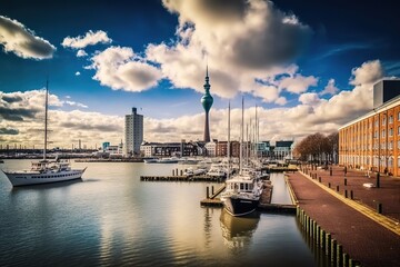 Dusseldorf cityscape with view on media harbor, Germany, AI generated