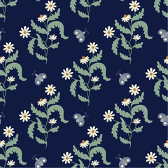 Seamless spring soft floral pattern.  Spring flat vector pattern for fabric, textile, wrapping paper, cards ets. Daisy flowers design. Cute daisies and blue butterfly on dark blue background.