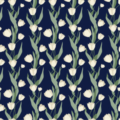 Seamless spring soft floral pattern.  Spring flat vector pattern for fabric, textile, wrapping paper, cards ets. Tulip flowers design. White tulips on dark blue background.