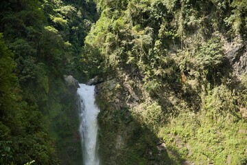 An imposing waterfall in an enclosed valley in Banaue in the Philippines that flows down a large, green overgrown hill.
