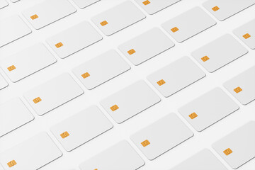 Close-up of a large group of white credit cards on a white background. 3d rendering illustration.