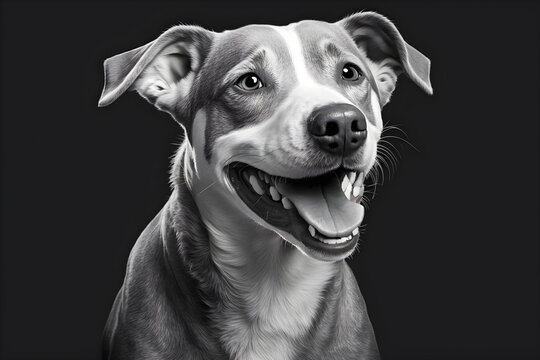 Black and white image of a smiling dog on a dark background. Generative AI content.