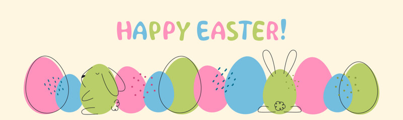 Happy Easter banner. Modern design with typography, eggs and Easter bunnies.