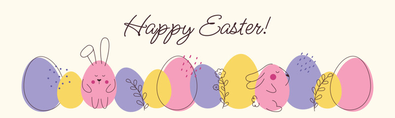 Easter template for a banner, poster. Vector design in a modern style with eggs and Easter bunnies. Horizontal banner