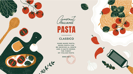 Italian pasta ingredients. Spaghetti and bruschetta table background. Vintage style.  - obrazy, fototapety, plakaty