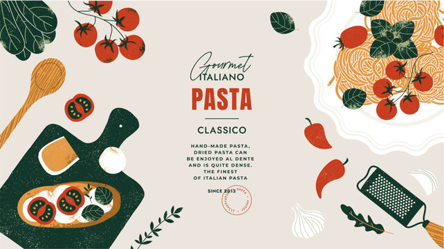 Italian pasta ingredients. Spaghetti and bruschetta table background. Vintage style. 