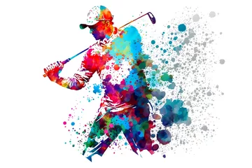 Poster golf player with watercolor rainbow splash. Neural network AI generated art © mehaniq41