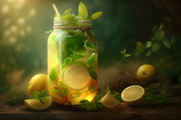 Summer fresh drink with lemons and mint leaves , Generative AI