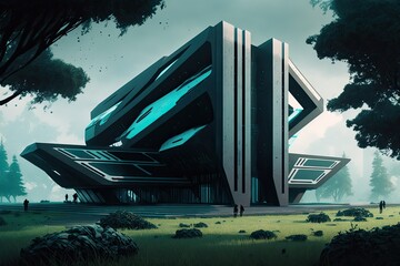 a sleek, modern, black and cyan building with abstract designs on the grass and haze. Futuristic, as an illustration. Generative AI