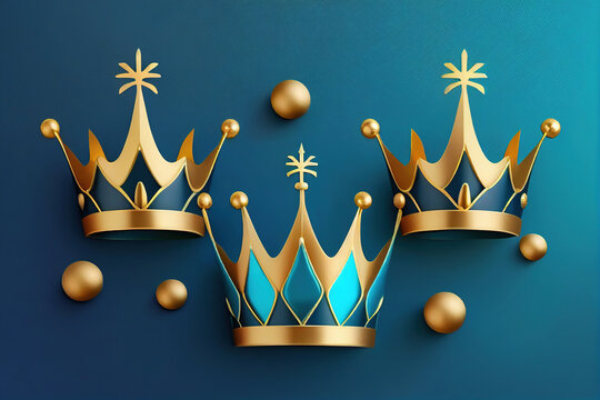 Happy Epiphany Day! Celebrate with a greeting card featuring three gold crowns against a blue background, symbolizing Dia de Reyes Magos and the Christian feast day of Epiphany