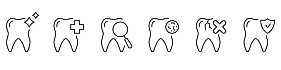 Teeth Whitening Procedure Line Icon Set. Dental Protection. Tooth Health Checkup and Diagnostic Linear Pictogram. Dentistry Symbol. Dental Treatment. Editable Stroke. Isolated Vector Illustration