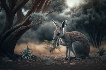Small kangaroo feeding near a tree, AI generated - obrazy, fototapety, plakaty