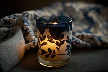 A handcrafted candle with a leaf design glass on the table, that showcase the beauty and uniqueness