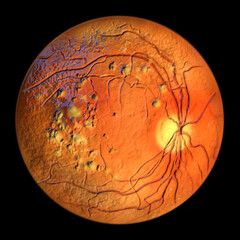 Autosomal recessive bestrophinopathy, ophthalmoscope view, 3D illustration showing accumulation of lipofuscin deposits around and beyond the macula