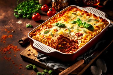 homemade traditional lasagna food with baked cheese and minced meat, created with generative ai - obrazy, fototapety, plakaty