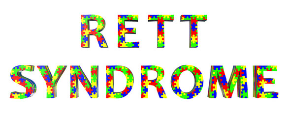 The text Rett Syndrome in colorful puzzle patterns, highlighting the unique and complex nature of this rare genetic disorder, 3D illustration