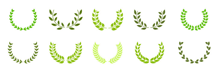Laurel Wreath Award Green Silhouette Icon Set. Circle Branch with Leaf Victory Emblem for Winner Pictogram. Vintage Champion Prize Symbol. Wreath Laurel, Olive Leaves. Isolated Vector Illustration