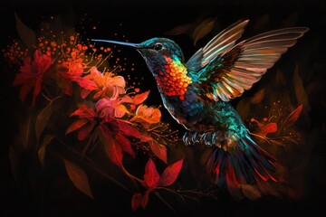 Obraz premium The shiny colored, fiery throated hummingbird Panterpe insignis is in flight. Bird consumes liquid from crocosmia. Tropical woodland flight action scene with wildlife. Costa Rican mountain colorful an