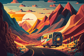 Summer concept. Nice van on the way to summer holidays through the beautiful valley. Vector art. Generative AI technology.