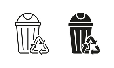 Recycling Bin for Organic Garbage Symbol Collection on White Background. Basket for Recycle Waste Line and Silhouette Icon Set. Eco Reuse Container Pictogram. Isolated Vector Illustration