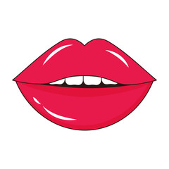 Sexy lips with teeth in pop art style. Women's half-open mouth.