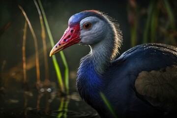 Obraz premium Porphyrio poliocephalus, a Grey headed Swamphen, near Matara, Sri Lanka. Generative AI