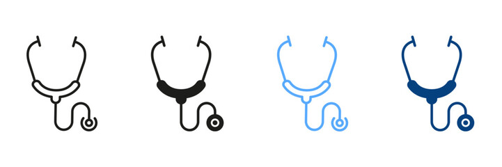 Stethoscope Line and Silhouette Icon Set. Doctor's Instrument, Health Care Black and Color Symbol Collection. Medical Tool for Heart Illness Diagnosis Pictogram. Isolated Vector Illustration