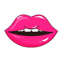 Sexy lips with teeth in pop art style. Women's half-open mouth.