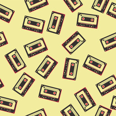 Vector seamless pattern on yellow background with retro-style audio cassettes 