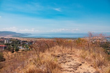 Aerial view of Nakuru Town against the background of Lake Nakuru in Kenya