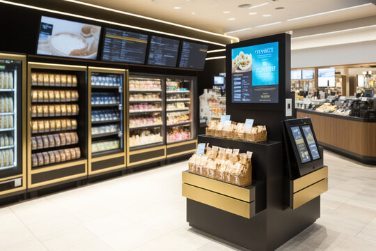 a modern retail store with digital displays and self-checkout machines, representing the retail and consumer goods industries