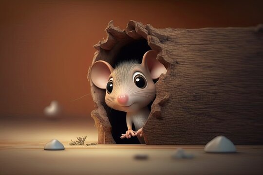 Cute Cartoon Mouse Peeking out of a Hole in the Wall (Generative AI)