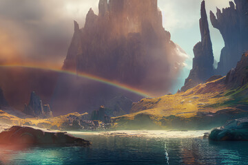 panorama of the mountains and a rainbow ai generative