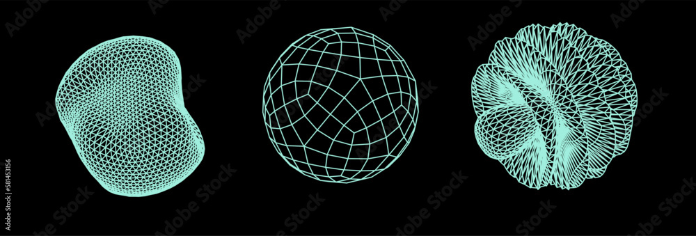 Fototapete Set of abstract vector spheres and blobs made of mesh. Parametric design and generative art elements.