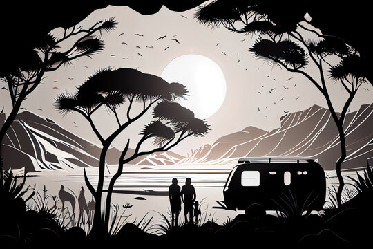 Van Life Couple: Embracing Love and Adventure as They Witness a Breathtaking Sunset Together - Generative AI