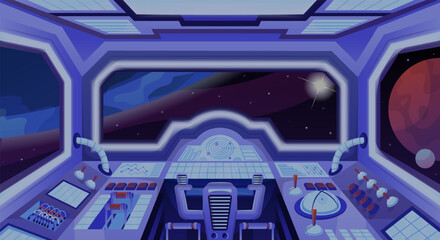 Spaceship or rocket interior. Fantastic starship or spacecraft cockpit with control panel and buttons. Design element or background for video game interface. Cartoon flat vector illustration