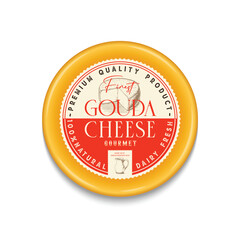 Vintage vector Gouda Cheese round label and packaging design template, cheese detailed icon. Dairy product illustration for dairies, package and groceries branding.