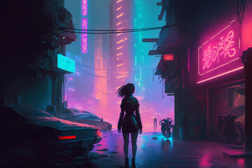 Cyberpunk girl in neon futuristic city. Cyber punk game concept. Digital fantasy art. Technology and fashion. Generated by artificial intelligence