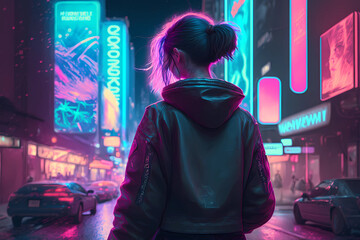 Fototapeta na wymiar Cyberpunk girl in neon futuristic city. Cyber punk game concept. Digital fantasy art. Technology and fashion. Generated by artificial intelligence