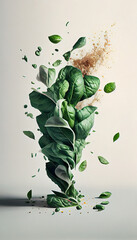 Group of Green Spinach Leaf Vegetable Creatively Falling-Dripping Flying or Splashing on White Background AI Generative