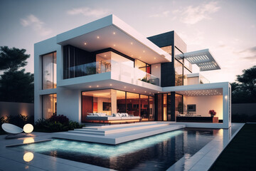 Fototapeta premium Modern architecture design house building exterior, author's design design of modern creative housing, with large spacious windows, a balcony and a pool, sunset, generated ai