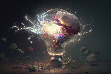 Illustration of a flower in an exploding light bulb. Green energy, creative mind concept. (Generative AI)