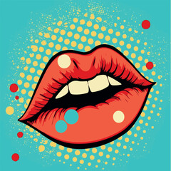 Lips pop art. Sensual mouth fashion poster. Modern vector art design of beautiful woman lips. Retro comic and cartoon style of painting. Splashes of grunge graffiti paint. Young creative art. Pop art.