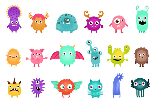 Set of cute colorful monsters. Cartoon baby monsters. Screaming aliens and halloween mutants, eyes and teeth, scary horn animal toys, super funny heads. Nursery design, vector tidy flat illustration
